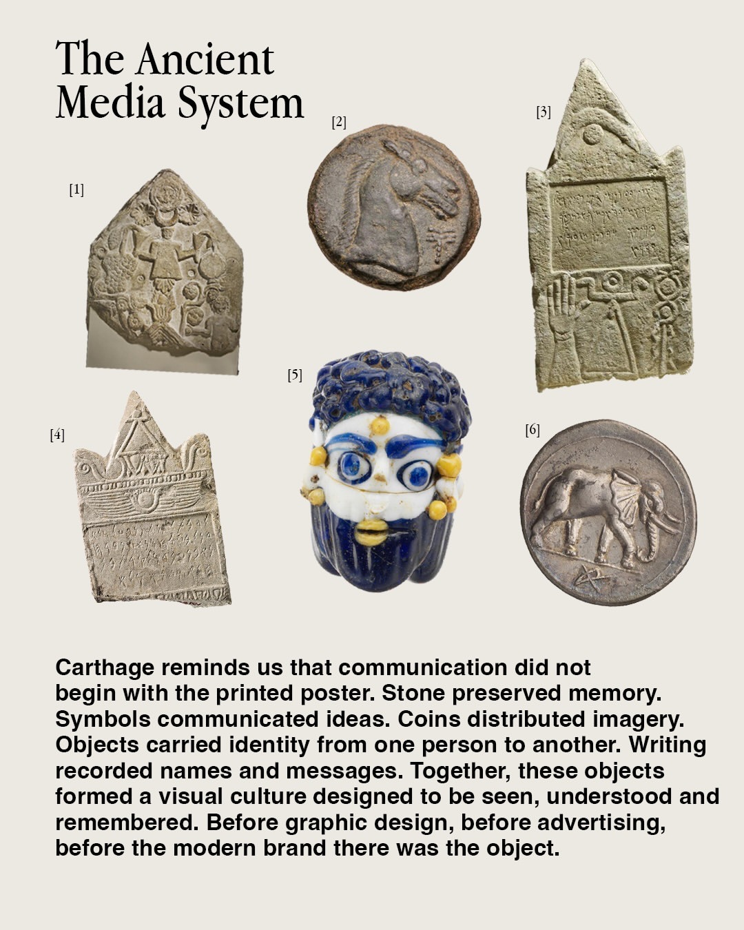 Carthaginian stelae, coins, mask and objects arranged as a grid