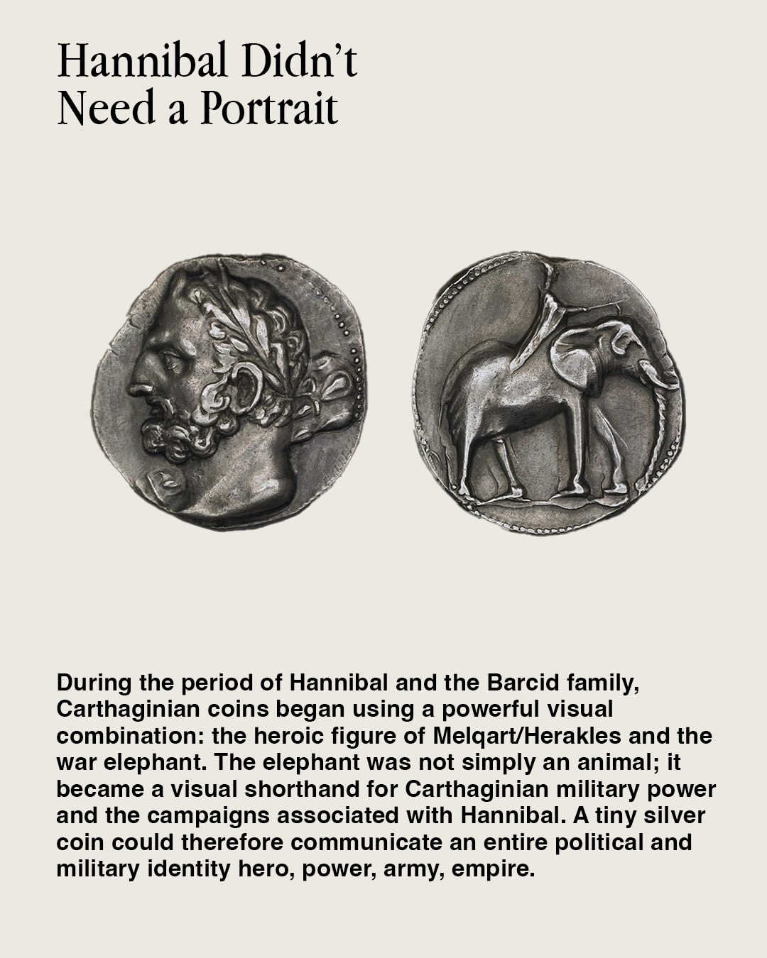 Silver Carthaginian coin with Melqart and a war elephant