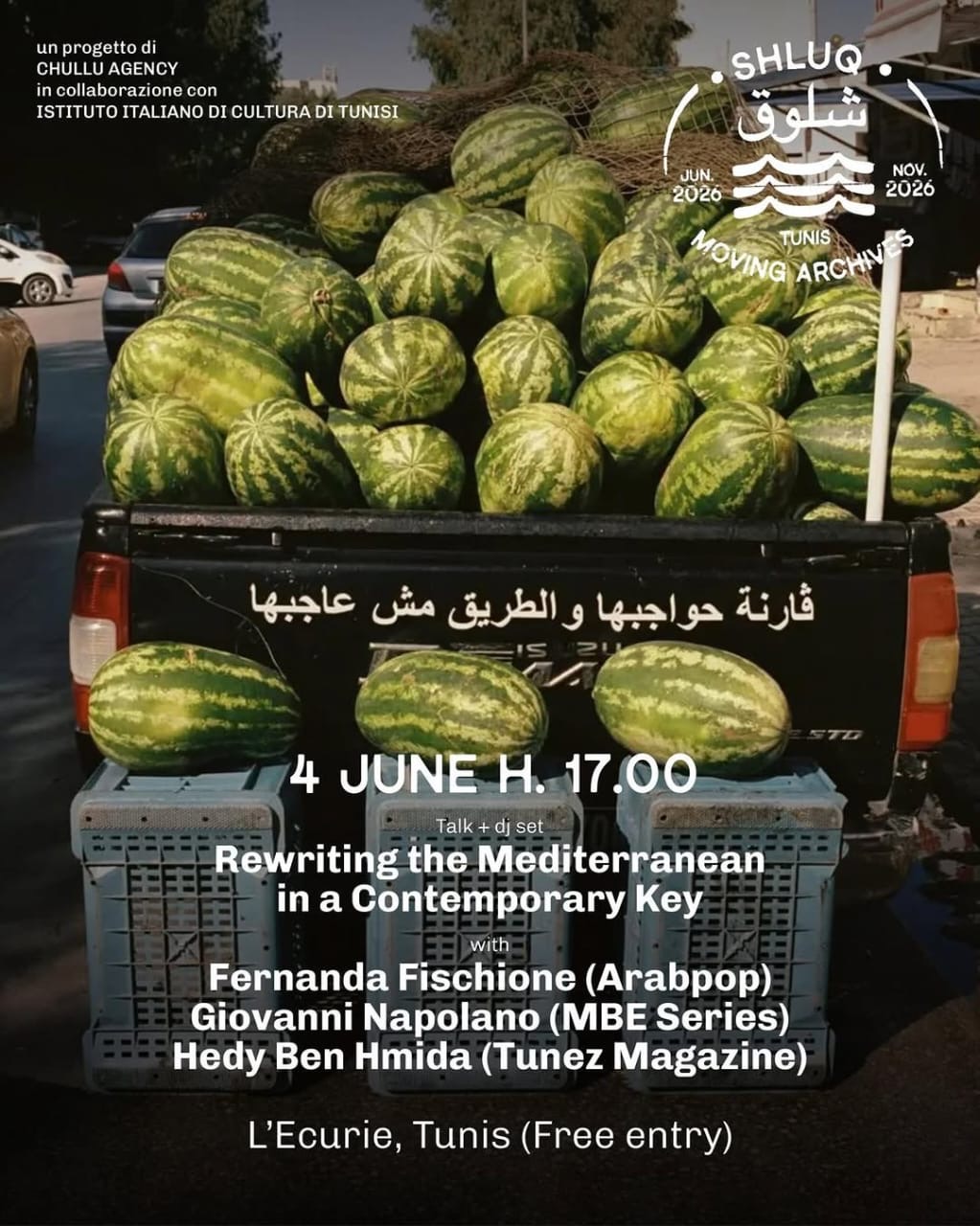 Shluq event poster for the 4 June talk and dj set in Tunis